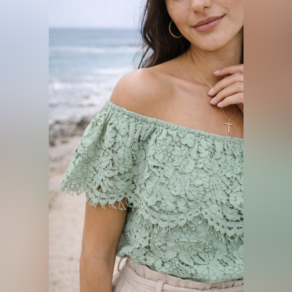 Sugar Lips Sage Off The Shoulder Lace Top | Size S - Picture 3 of 9